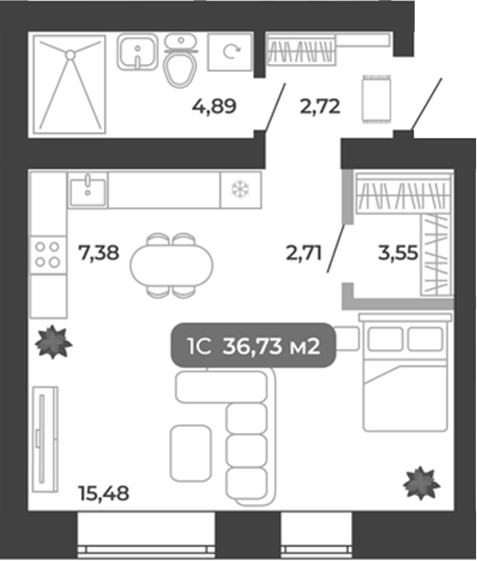 Планировка студии 36.73 м² в ЖК «Ботаника»