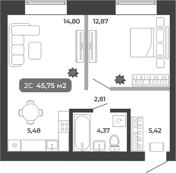Планировка 2е-к.кв 45.75 м² в ЖК «Ботаника»