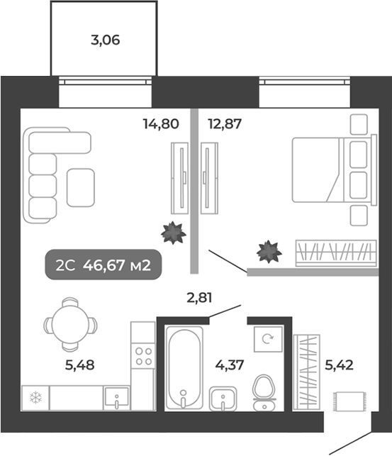 Планировка 2е-к.кв 45.75 м² в ЖК «Ботаника»