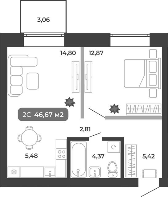 Планировка 2е-к.кв 45.75 м² в ЖК «Ботаника»