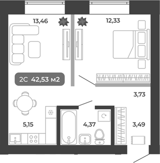 Планировка 2е-к.кв 42.53 м² в ЖК «Ботаника»