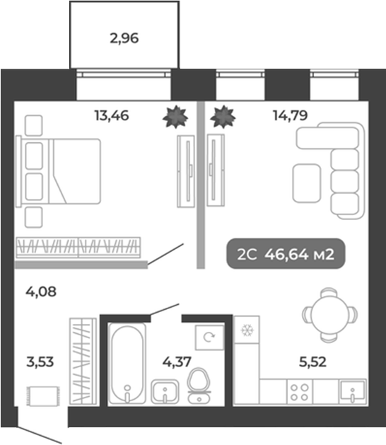 Планировка 2е-к.кв 45.75 м² в ЖК «Ботаника»