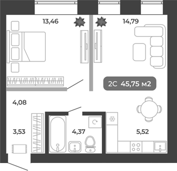 Планировка 2е-к.кв 45.75 м² в ЖК «Ботаника»