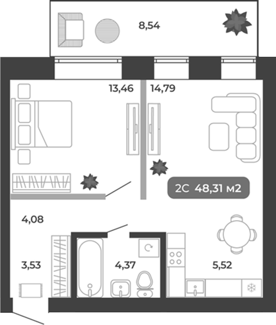 Планировка 2е-к.кв 45.75 м² в ЖК «Ботаника»