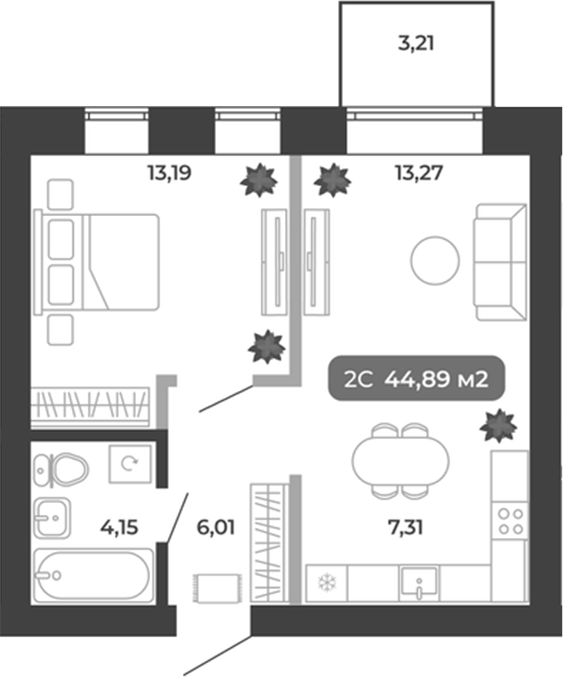 Планировка 2е-к.кв 43.93 м² в ЖК «Ботаника»