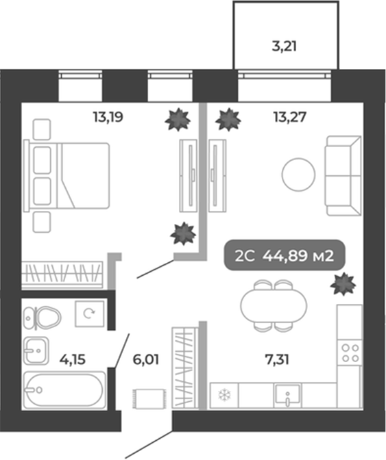 Планировка 2е-к.кв 43.93 м² в ЖК «Ботаника»