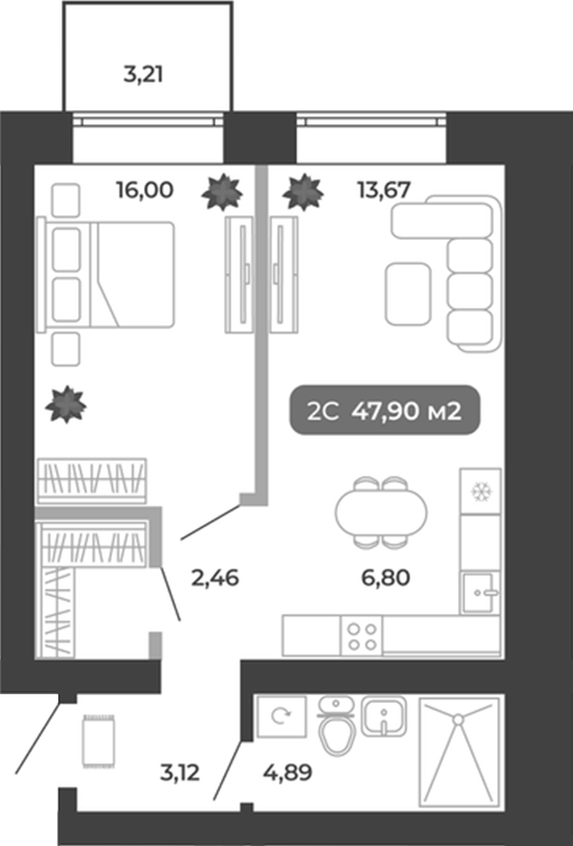 Планировка 2е-к.кв 46.94 м² в ЖК «Ботаника»