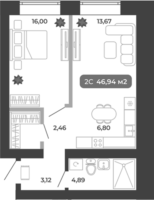 Планировка 2е-к.кв 46.94 м² в ЖК «Ботаника»