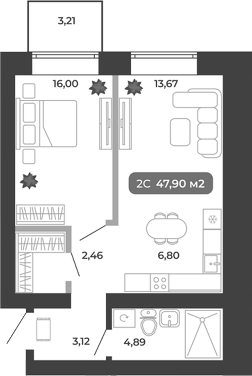 Планировка 2е-к.кв 46.94 м² в ЖК «Ботаника»