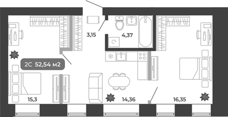 Планировка 3е-к.кв 52.54 м² в ЖК «Ботаника»