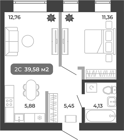 Планировка 2е-к.кв 39.58 м² в ЖК «Ботаника»