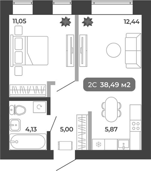 Планировка 2е-к.кв 38.49 м² в ЖК «Ботаника»