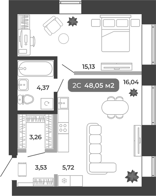 Планировка 2е-к.кв 48.05 м² в ЖК «Ботаника»