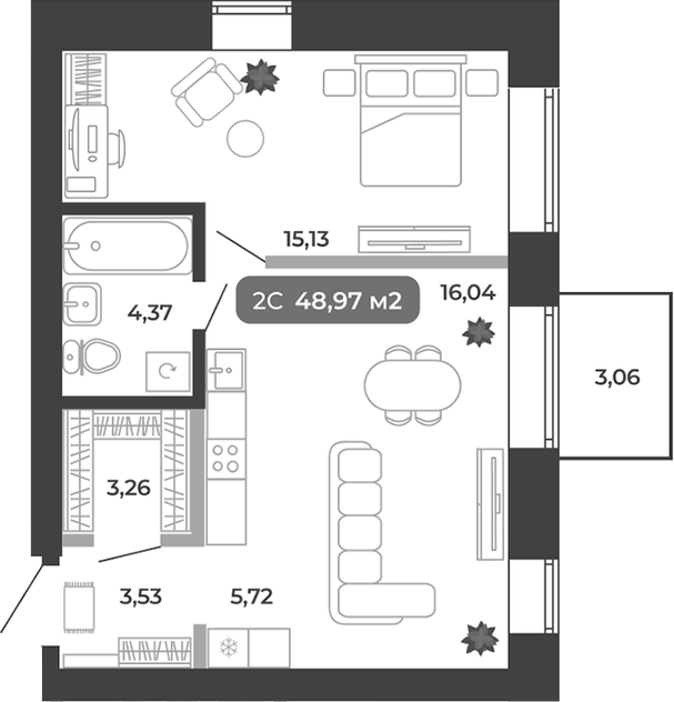 Планировка 2е-к.кв 48.05 м² в ЖК «Ботаника»