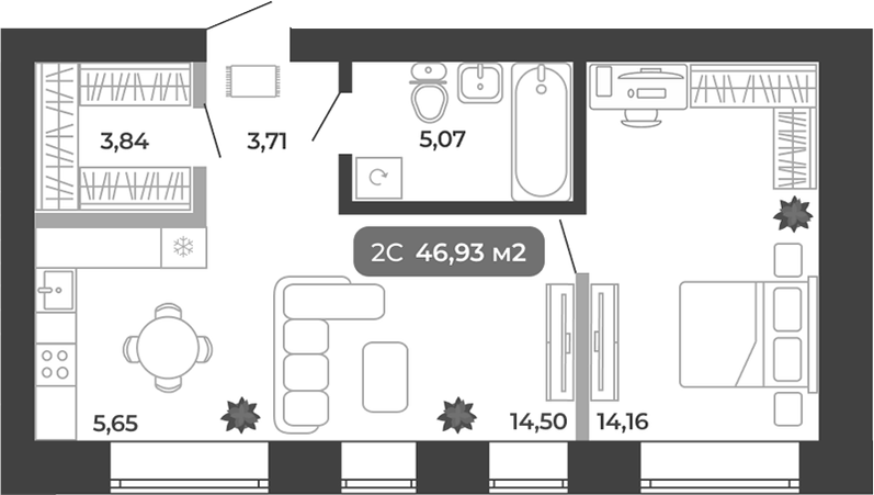 Планировка 2е-к.кв 46.93 м² в ЖК «Ботаника»