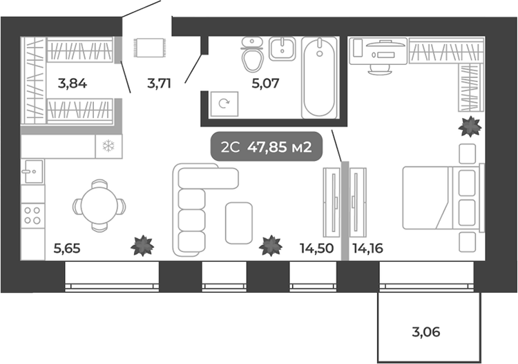 Планировка 2е-к.кв 46.93 м² в ЖК «Ботаника»