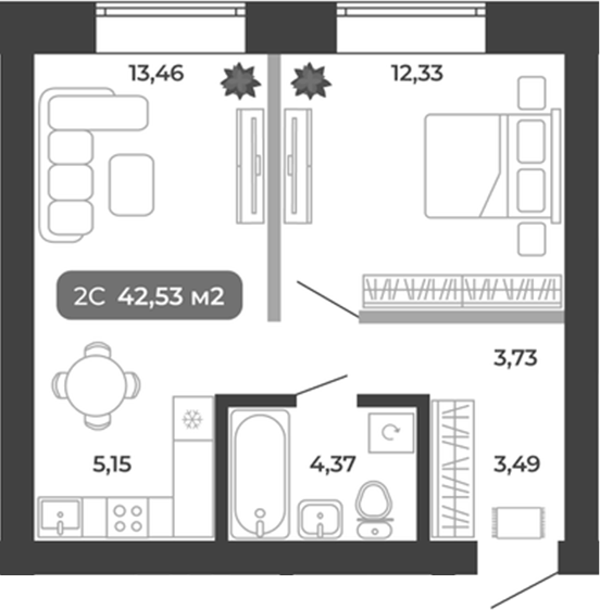 Планировка 2е-к.кв 42.53 м² в ЖК «Ботаника»
