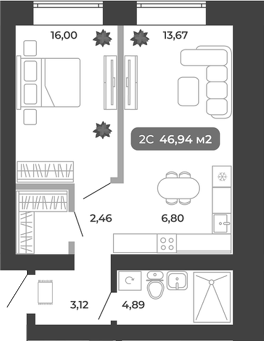 Планировка 2е-к.кв 46.94 м² в ЖК «Ботаника»