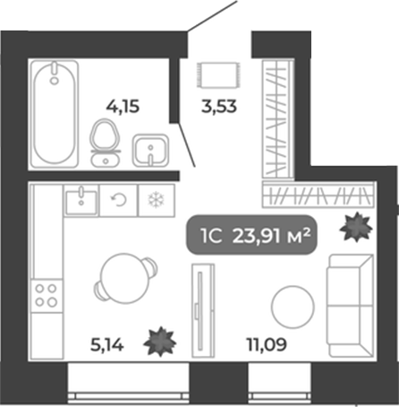 Планировка студии 23.91 м² в ЖК «Ботаника»