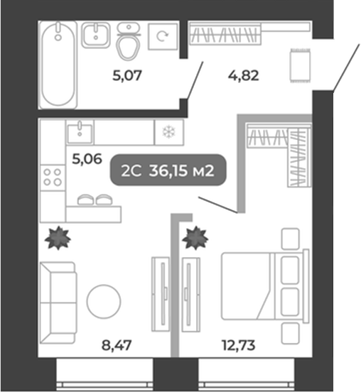 Планировка 2е-к.кв 36.15 м² в ЖК «Ботаника»