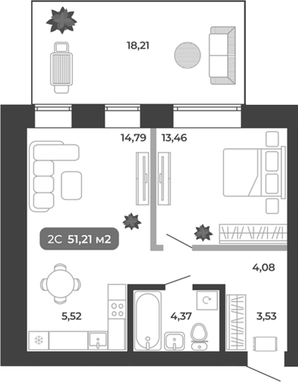 Планировка 2е-к.кв 45.75 м² в ЖК «Ботаника»
