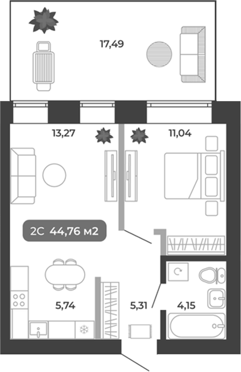 Планировка 2е-к.кв 39.51 м² в ЖК «Ботаника»