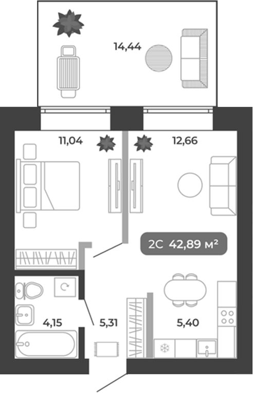 Планировка 2е-к.кв 38.56 м² в ЖК «Ботаника»