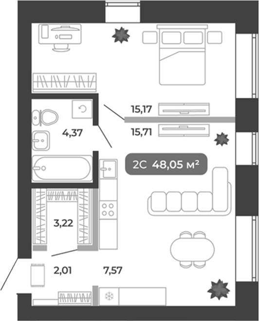 Планировка 2е-к.кв 48.05 м² в ЖК «Ботаника»