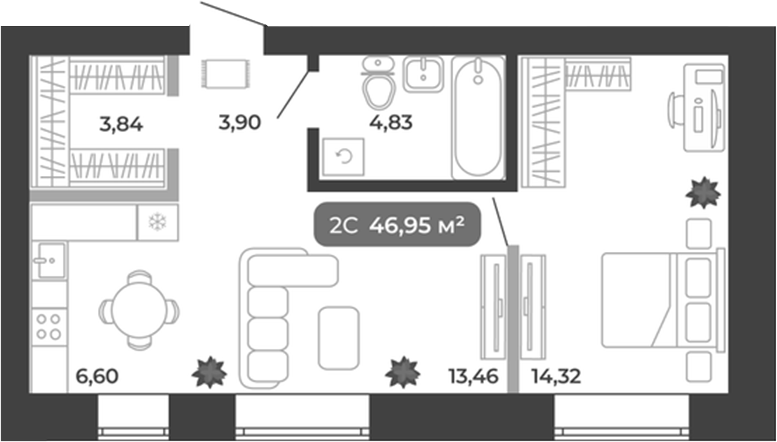 Планировка 2е-к.кв 46.95 м² в ЖК «Ботаника»