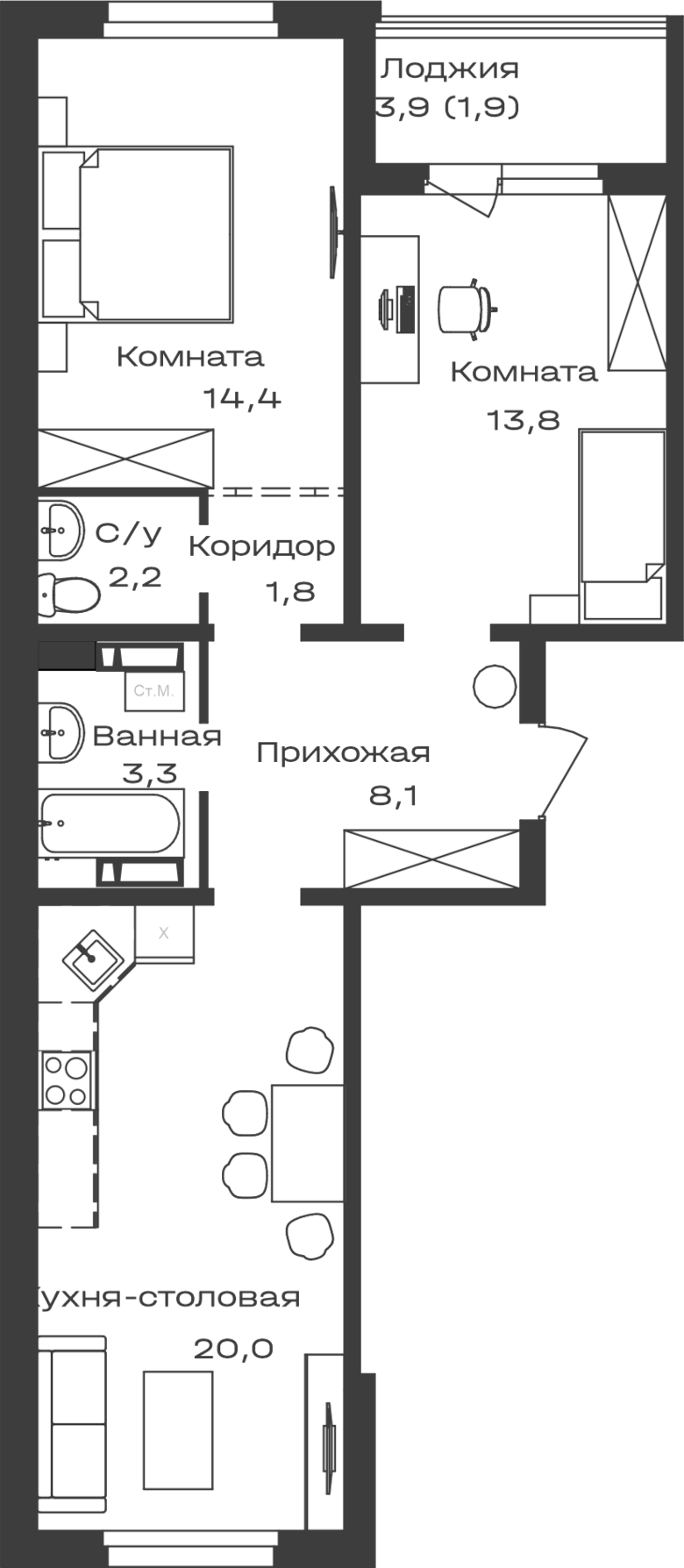 Планировка своб. план. 65.50 м² в ЖК «Первогорье. Майма»