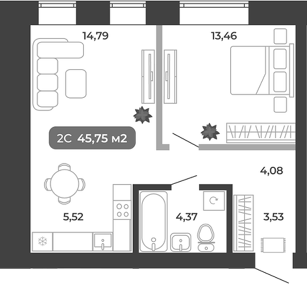 Планировка 2е-к.кв 45.75 м² в ЖК «Ботаника»