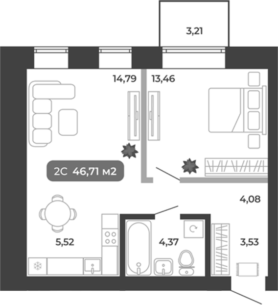 Планировка 2е-к.кв 45.75 м² в ЖК «Ботаника»