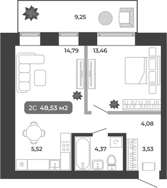 Планировка 2е-к.кв 45.75 м² в ЖК «Ботаника»