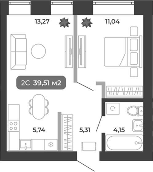 Планировка 2е-к.кв 39.51 м² в ЖК «Ботаника»
