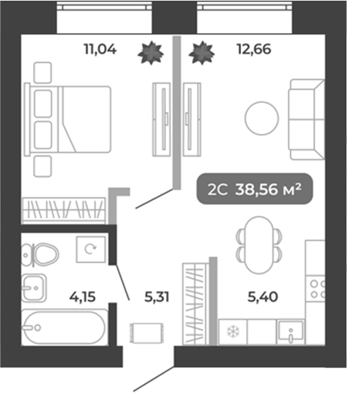 Планировка 2е-к.кв 38.56 м² в ЖК «Ботаника»