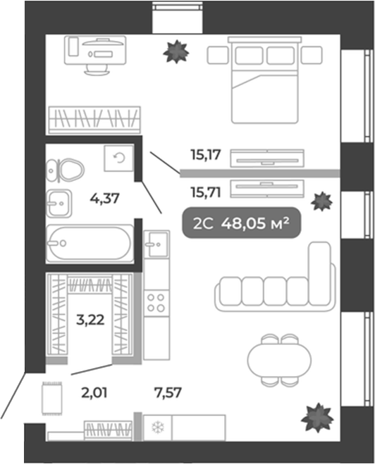 Планировка 2е-к.кв 48.05 м² в ЖК «Ботаника»