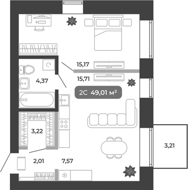 Планировка 2е-к.кв 48.05 м² в ЖК «Ботаника»