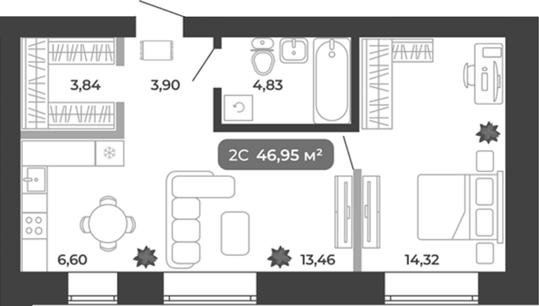Планировка 2е-к.кв 46.95 м² в ЖК «Ботаника»