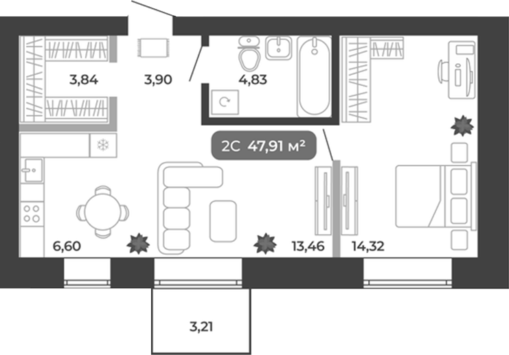 Планировка 2е-к.кв 46.95 м² в ЖК «Ботаника»