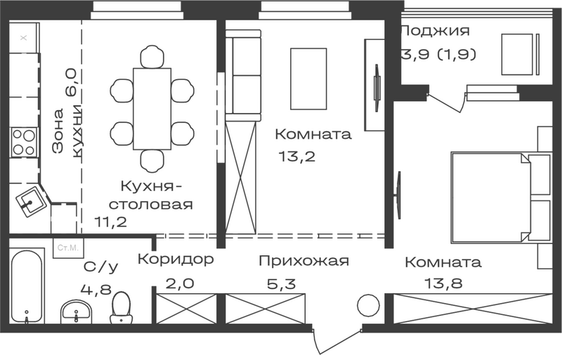 Планировка своб. план. 58.20 м² в ЖК «Первогорье. Майма»