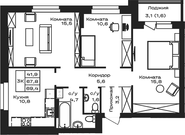 Планировка своб. план. 67.80 м² в ЖК «Первогорье. Майма»