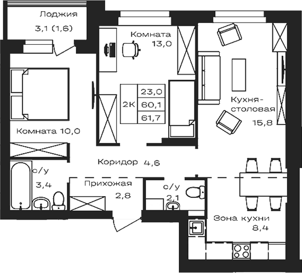 Планировка своб. план. 60.10 м² в ЖК «Первогорье. Майма»