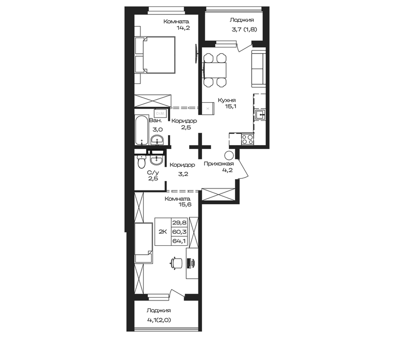 Планировка своб. план. 64.10 м² в ЖК «Первогорье. Майма»
