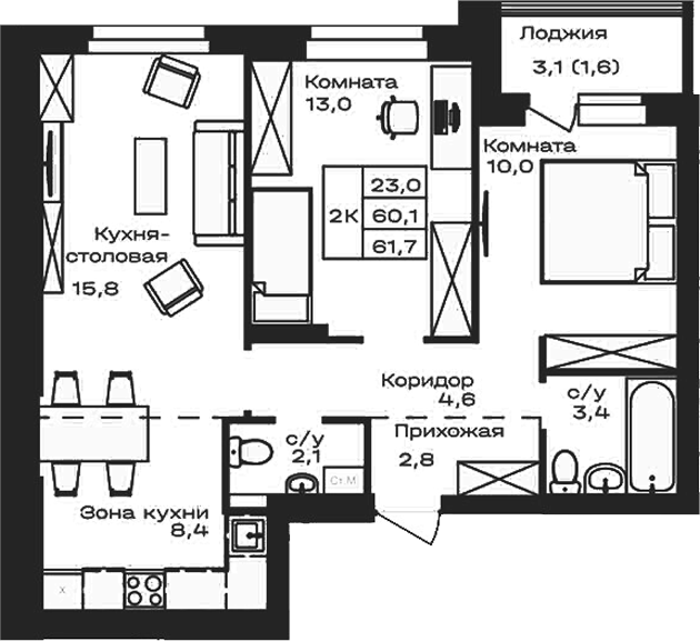 Планировка своб. план. 60.10 м² в ЖК «Первогорье. Майма»