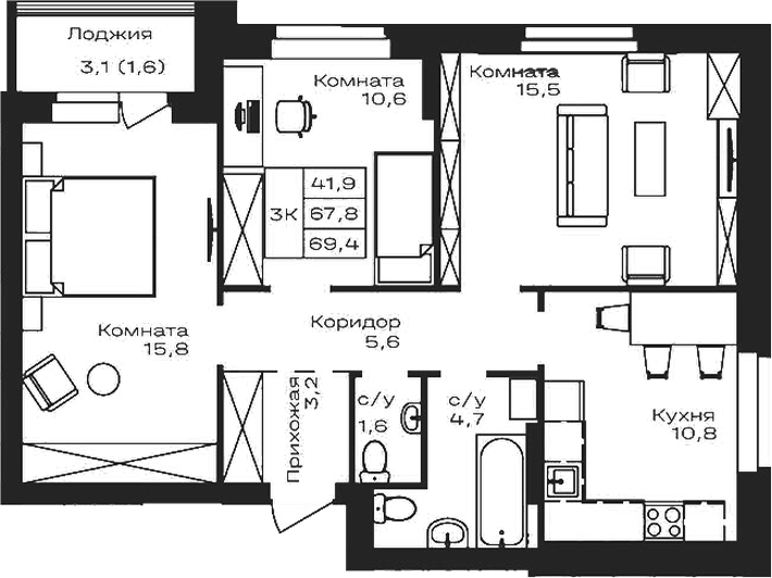 Планировка своб. план. 67.80 м² в ЖК «Первогорье. Майма»