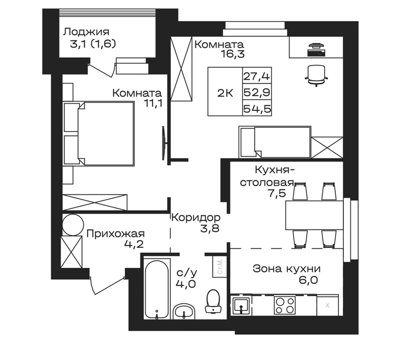 Планировка своб. план. 54.50 м² в ЖК «Первогорье. Майма»