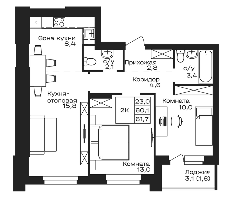 Планировка своб. план. 61.70 м² в ЖК «Первогорье. Майма»