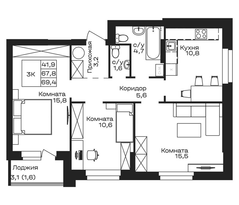 Планировка свободная планировка 69.40 м² в ЖК «Первогорье. Майма»
