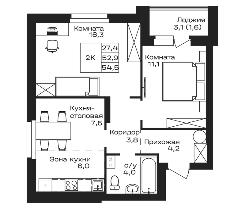 Планировка своб. план. 54.50 м² в ЖК «Первогорье. Майма»
