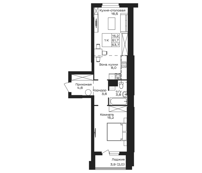Планировка свободная планировка 53.70 м² в ЖК «Первогорье. Майма»